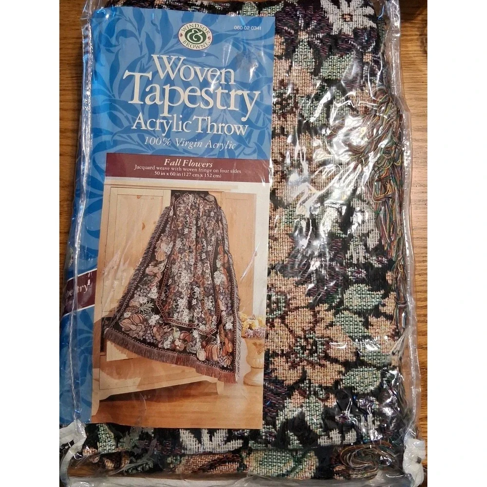 VTG 90s Cottagecore Woven Tapestry Fall Flowers Throw Blanket 50